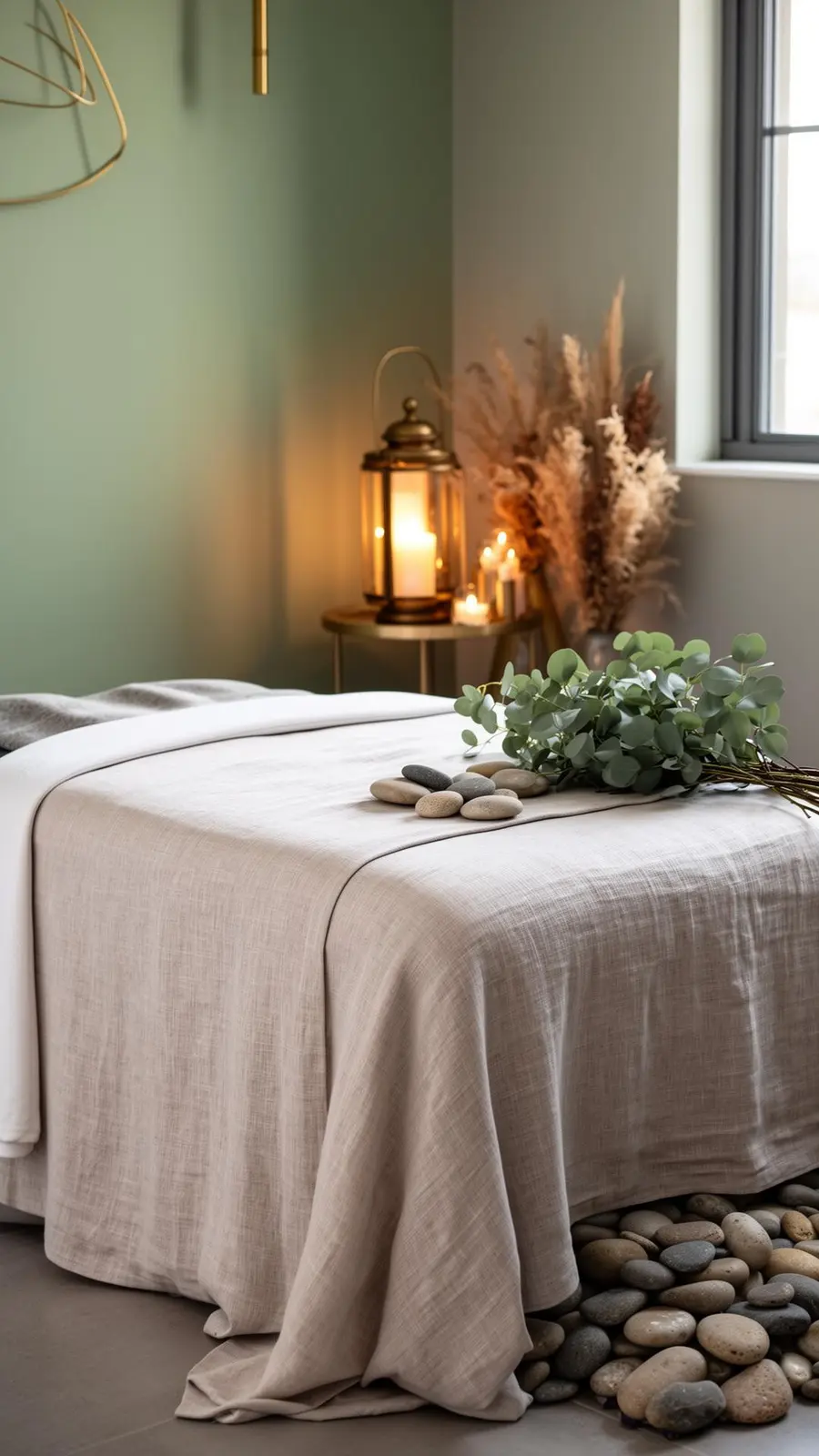 Linen-draped massage table with eucalyptus and warm lantern light