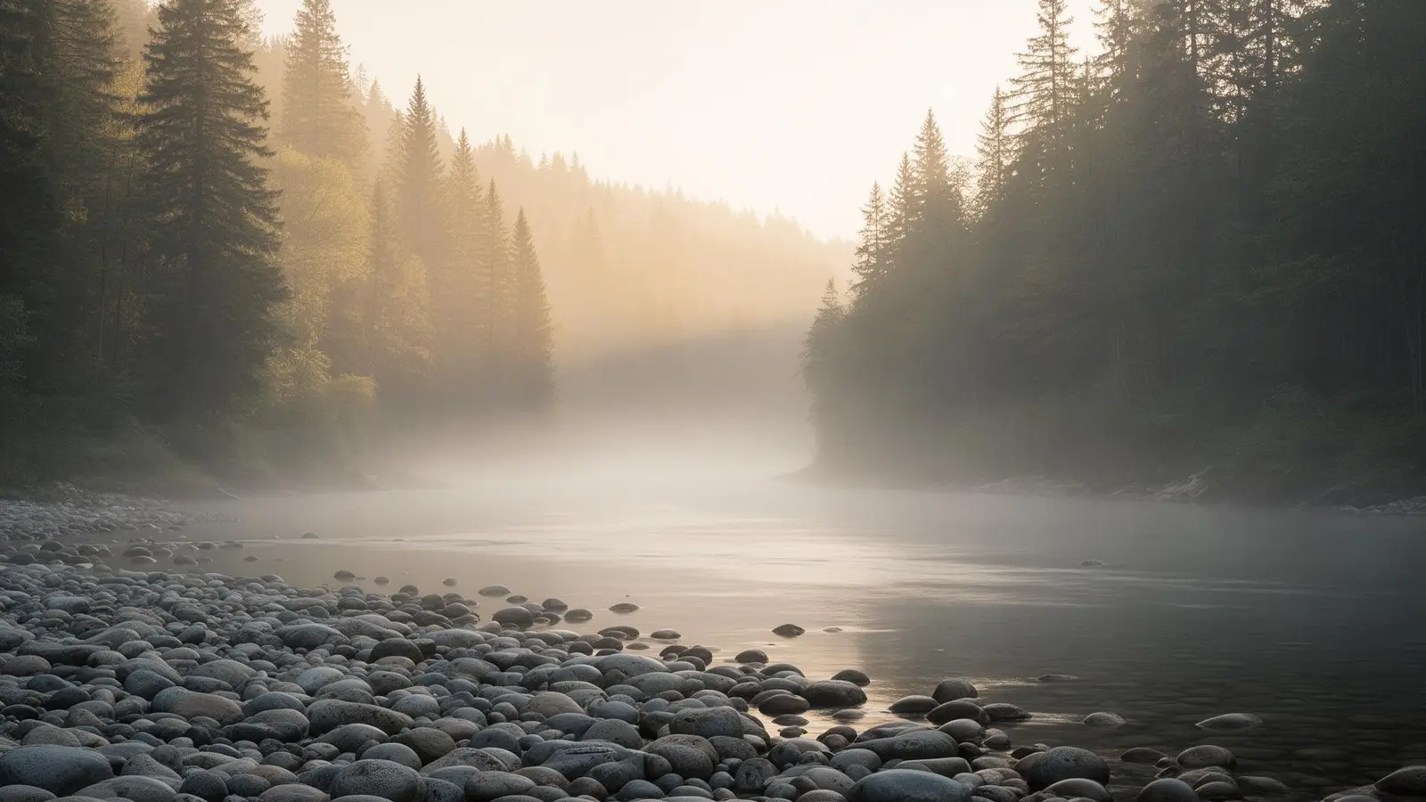 Misty river at dawn through the Teton forest